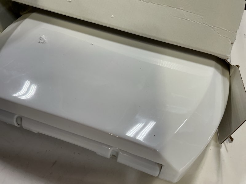 Condition photo showing Good Condition for elongated toilet seat with soft close hinge, white pp material toilet seat cover, 17.72 x 14.37 inch, quiet & non-slip with 4 bumpers, easy to install and clean for standard bathrooms