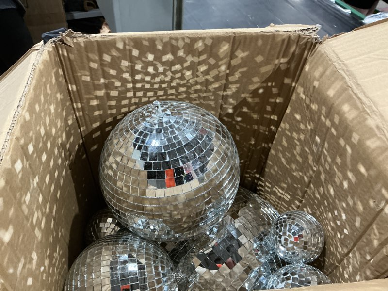 Condition photo showing Good Condition for 17 pcs disco ball set, large & mini silver mirror balls (12", 8", 6", 4", 3.2"), reflective glass hanging ornaments for 70s party, wedding, stage decor, christmas tree & new year decoration