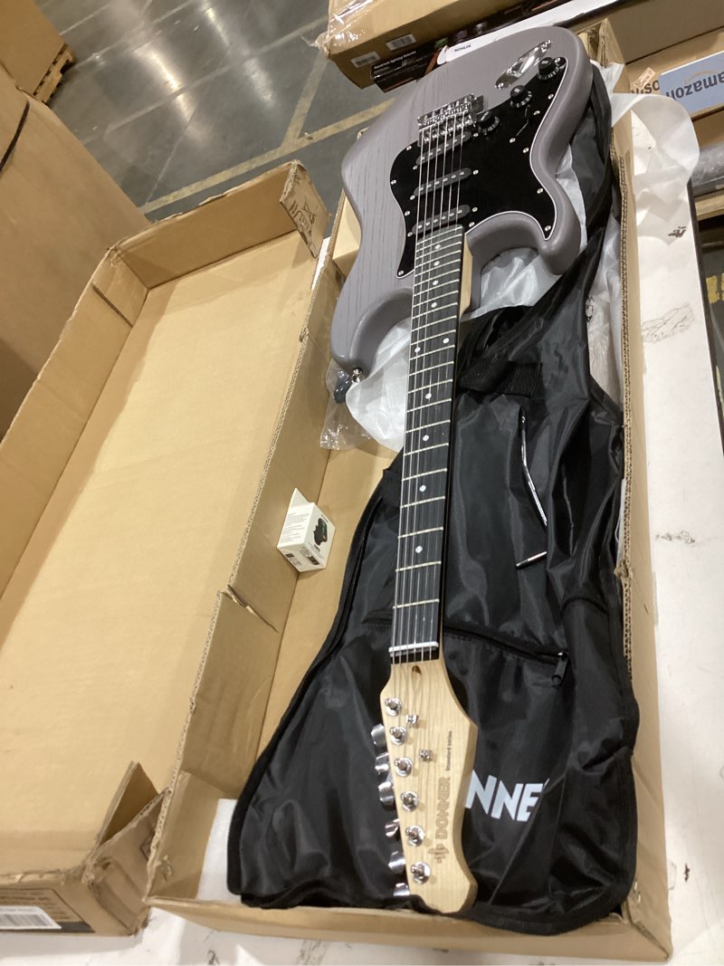 Condition photo showing As Is for donner dst-80 left-handed electric guitar 39” beginner electric guitar kit with amp, classic sss pickup complete with gig bag, tuner, capo, strap, picks, and free online lessons, matte black left handed-matte black