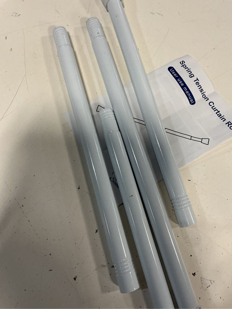Condition photo showing As Is for 1 pack spring tension rods 28-45 inches, 5/8 inch diameter white no drill spring loaded adjustable extendable, small short tension curtain rod for windows kitchen doorway closet cupboard