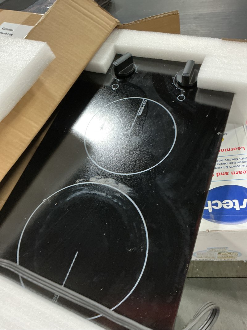 Condition photo showing As Is for karinear 110v electric cooktop 2 burners, 12'' electric stove top with plug in, knob control countertop & built-in ceramic cooktop, 9 heating level, hot warning, over-temperature protection popular black knob