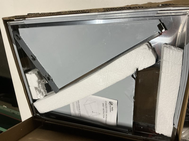 Condition photo showing As Is for hally stainless steel microwave shelf 18"x24" 185 lb, nsf commercial heavy duty metal appliance wall mount floating shelving for restaurant, kitchen, bar, home and hotel 18''x24''