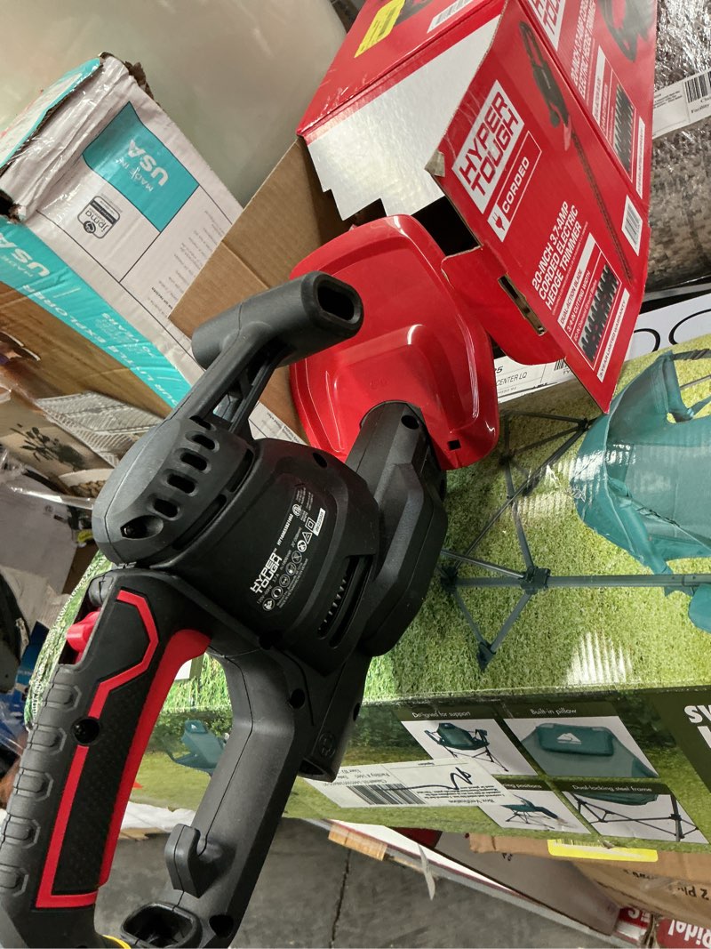 Condition photo showing As Is for hyper tough 20" 3.7-amp electric corded hedge trimmer