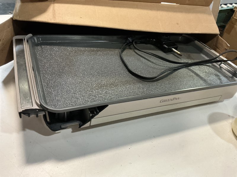 Condition photo showing As Is for GreenPan Advanced 10.5”x 20” Electric Griddle with Warming Drawer, Healthy Ceramic Nonstick PFAS-Free Coating, Temperature Control, Easy and Versatile Countertop Meals, Dishwasher Safe, Clay 10.5" x 20" Electric Griddle Clay