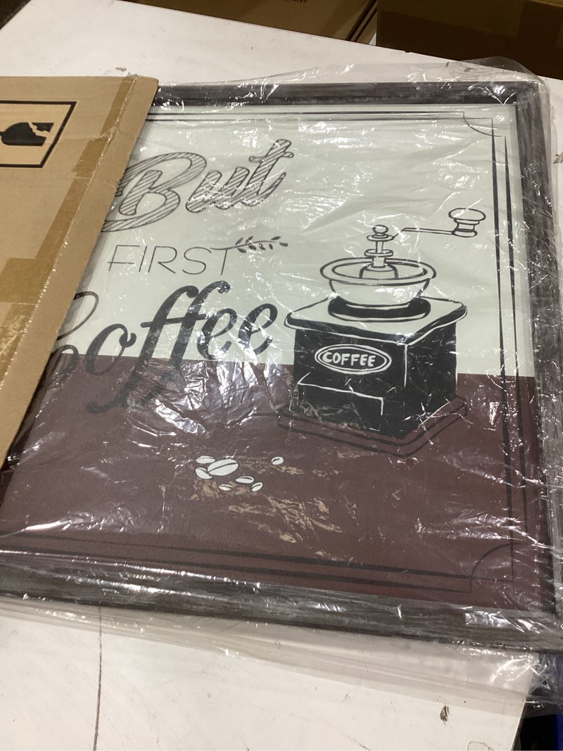 Condition photo showing Good Condition for kitchen coffee wall art decor: dining room cafe bar sign wooden print but first coffee framed picture coffee bean rustic artwork for home farmhouse kitchen 12 x 12 inches coffee 11 12"l x 12"w