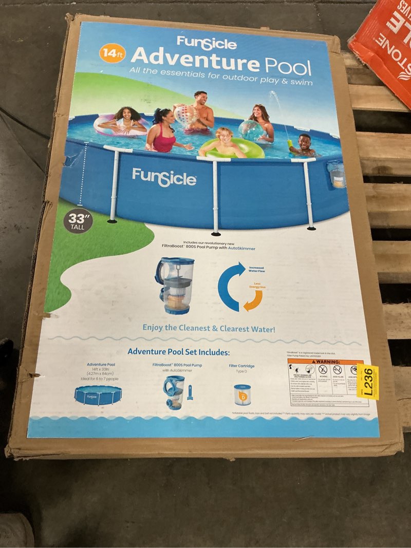 Condition photo showing Good Condition for funsicle 14ft adventure above ground metal frame swimming pool, includes filtraboost™ 800s pump with autoskimmer, round, age 6 & up