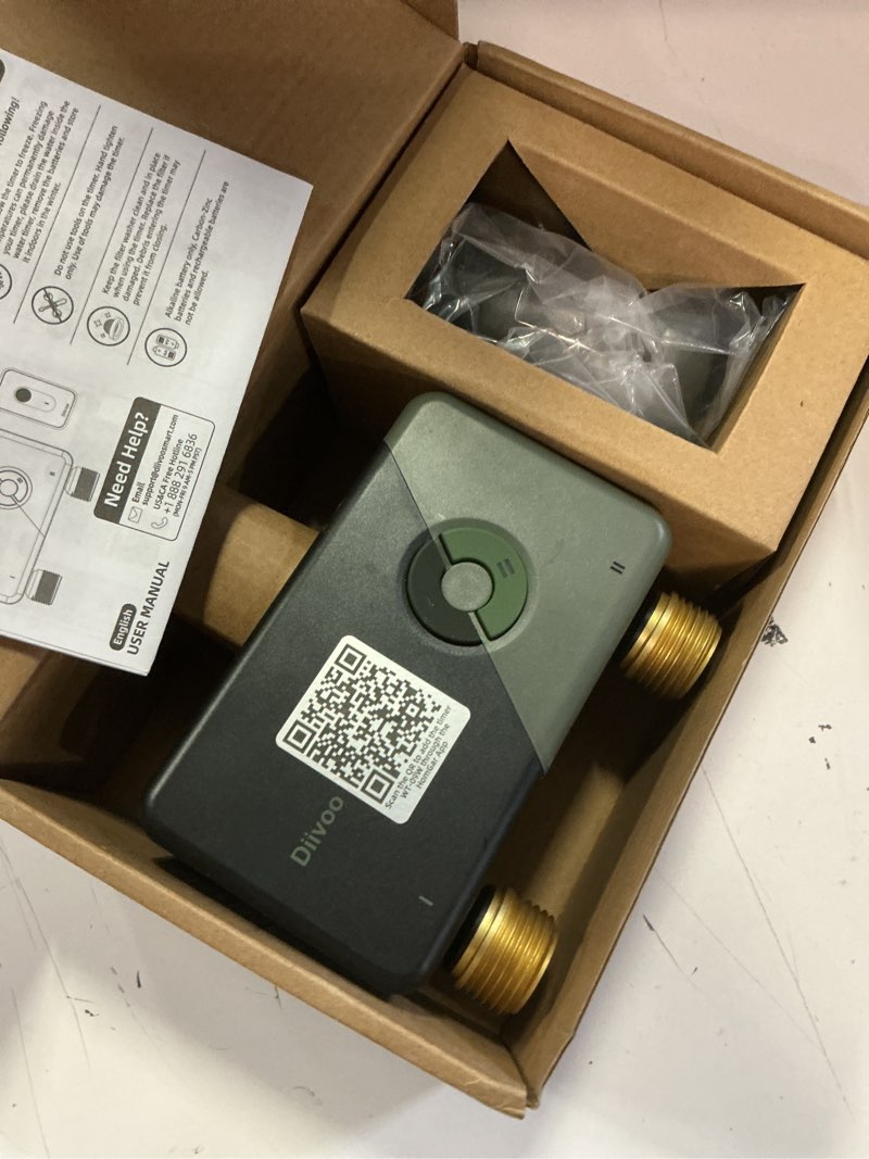 Condition photo showing As Is for diivoo brass wifi sprinkler timer 2 zone, smart water timer for garden hose remote control,compatible with alexa and google home,12 irrigation plans,rain delay & manual watering for garden,lawn,yard 2 outlets
