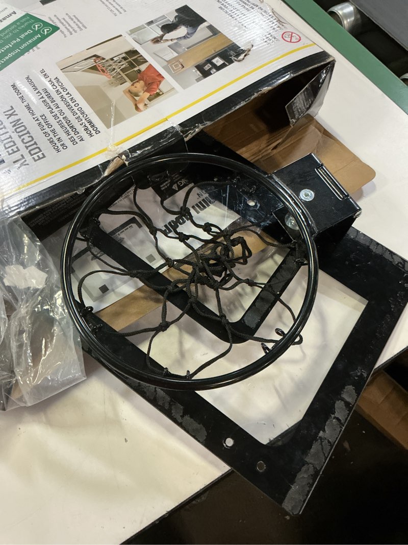 Condition photo showing As Is for sklz pro mini indoor basketball hoop with ball, over the door, shatter-proof backboard, spring-action break-away steel rim, great for home, dorm room, and office xl black