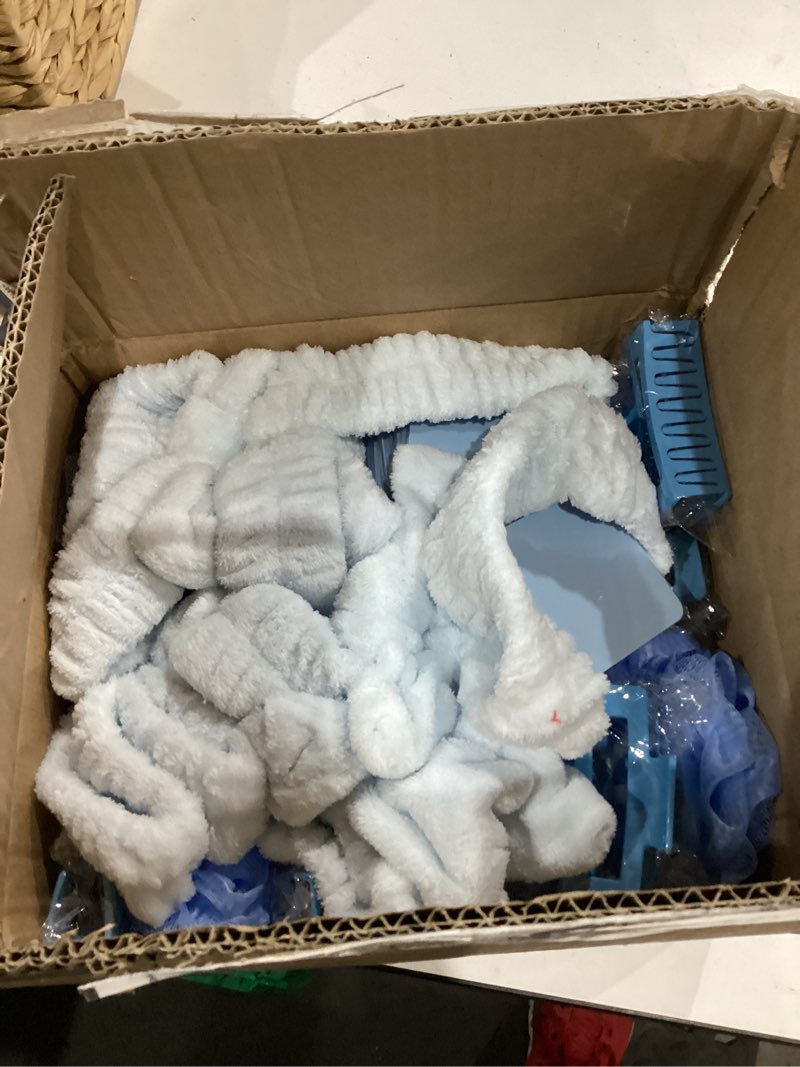 Condition photo showing Good Condition for 109pcs Baby Shower Prizes for Winners Gifts Baby Shower Favors including Headband Hair Brush Compact Mirror Bath Sponges Powder Puff Hair Tie Claw Makeup Brushes Gift Bag Bridal Shower(Blue)