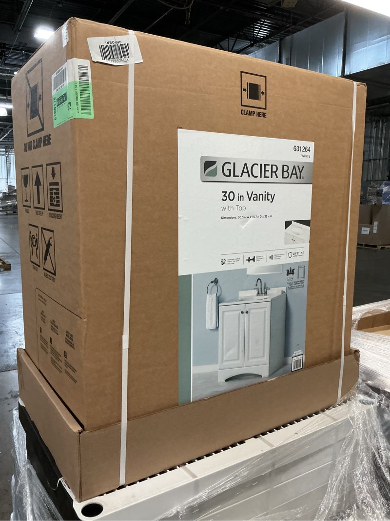 Condition photo showing New/Like New for 31 in. single sink white freestanding bath vanity with white cultured marble top (assembled)