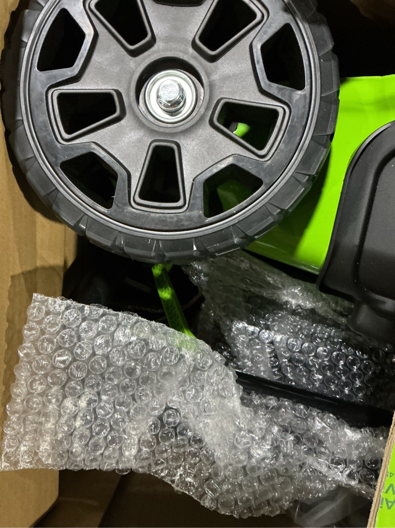 Condition photo showing As Is for greenworks 48v (24v x 2) 21" brushless self-propelled mower+12" string trimmer+320cfm blower,(2) 5.0ah batteries and 4a dual port charger