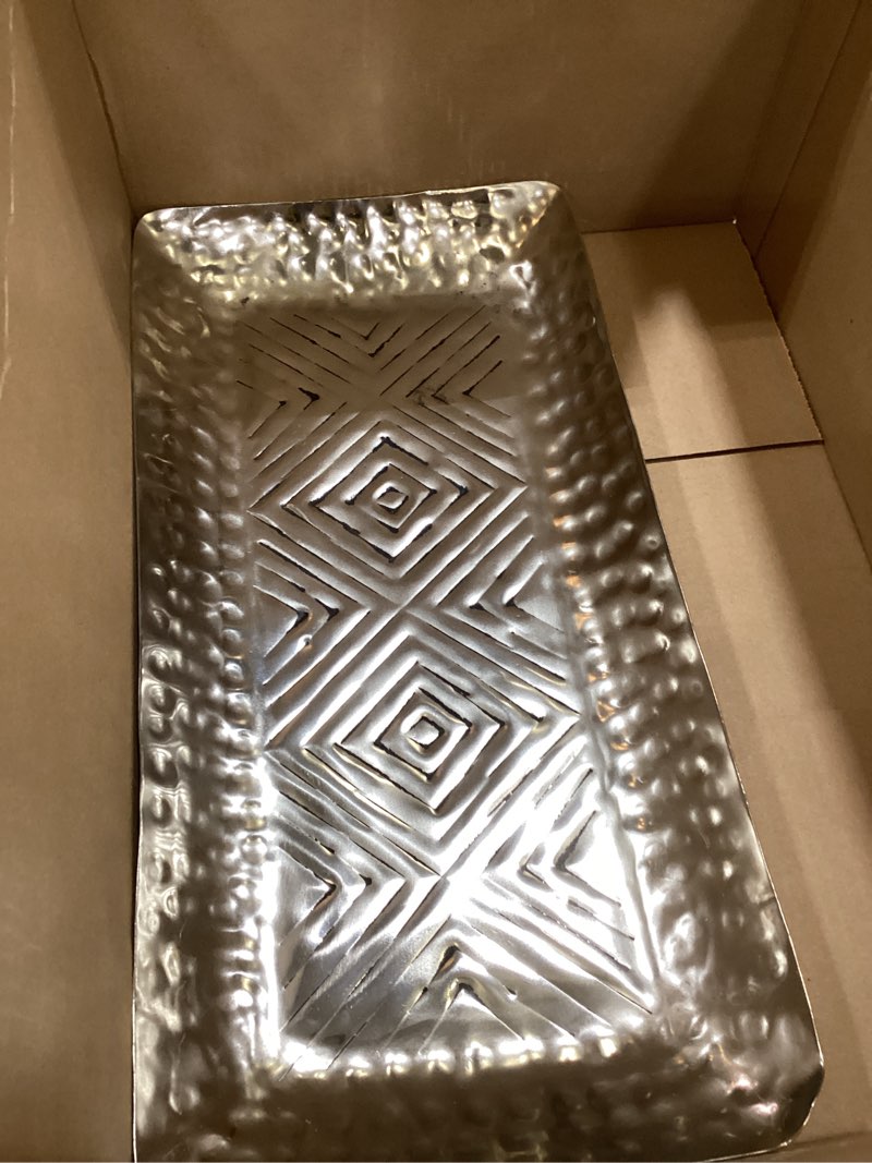 Condition photo showing As Is for Creative Co-Op Aluminum Geometric Design, Antique Silver Finish Decorative Tray