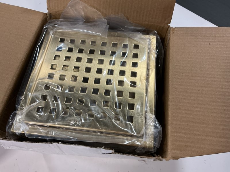 Condition photo showing Good Condition for webang 6 inch square shower floor drain with flange,quadrato pattern grate removable,food-grade sus 304 stainless steel,watermark&cupc certified, brushed gold 6 inch brushed gold