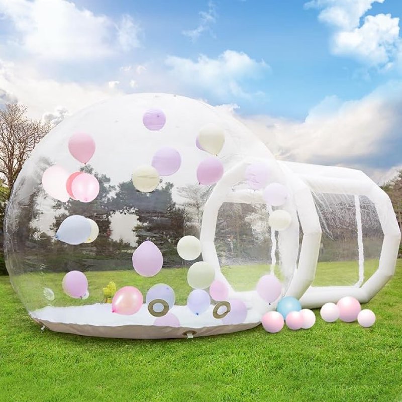 10ft inflatable bubble house dome for kids, clear pvc inflatable bubble house tent with tunnel, bubble balloon house with 750w air blower, 600w air pump inflatable dome for party (clear, 10ft)