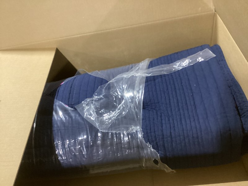 Condition photo showing Good Condition for PALASSIO Striped Navy Blue 100% Cotton Quilt California Cal King Size Bedding Sets, Oversized Lightweight Channel Pick Stitch Textured Bedspread Soft Farmhouse Country Coverlet for All Season, 2 Shams Striped-navy Blue California King