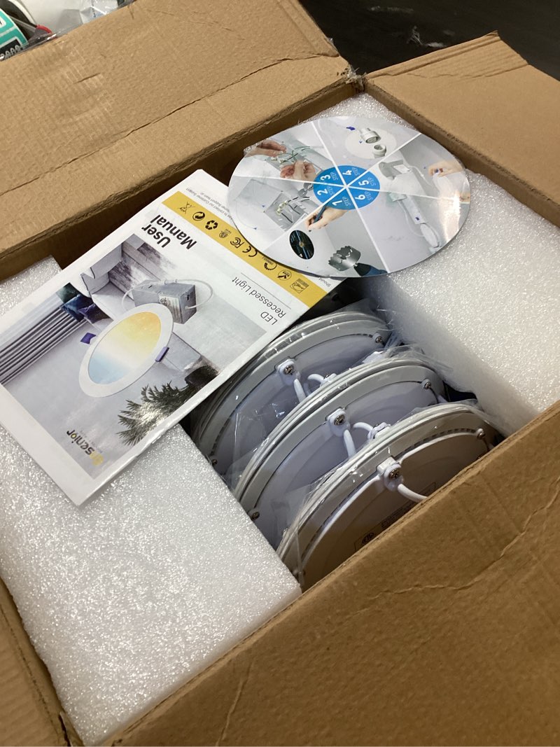 Condition photo showing Good Condition for ensenior 12 pack 6 inch led recessed ceiling light, dimmable, 2700k-5000k 5cct, 1200lm 12w 120v, high brightness canless wafer downlight - etl&fcc&ic 6 inch 2700k/3000k/3500k/4000k/5000k - 5cct white