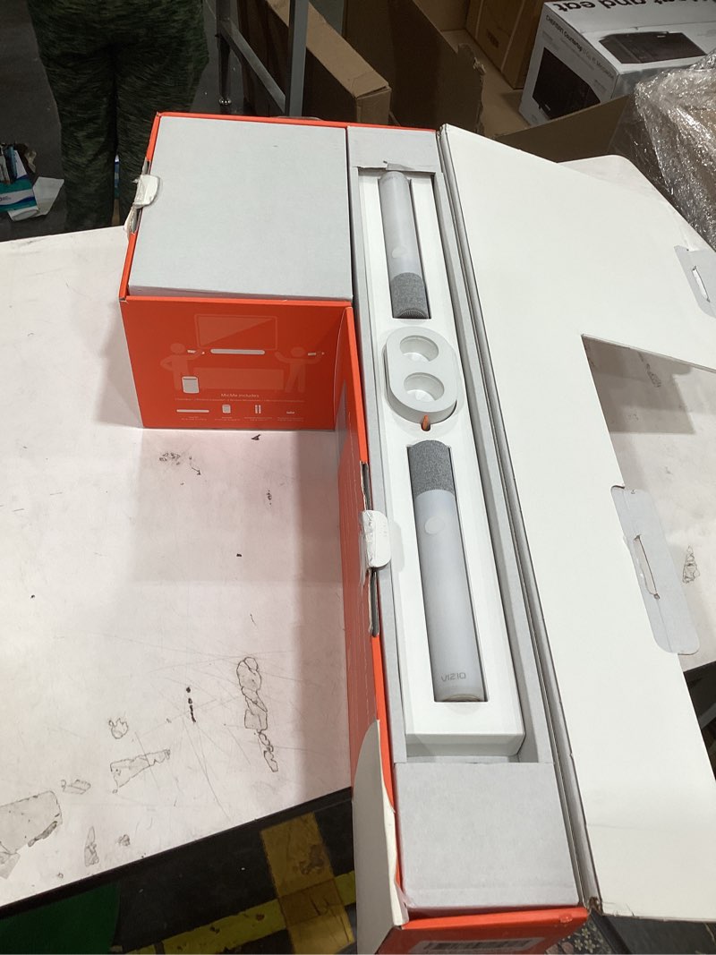 Condition photo showing As Is for vizio micme 2.1 karaoke soundbar, 2 wireless microphones, wireless subwoofer w/dolby atmos, dts:x, bluetooth speaker, quickfit™ compatible — sk210x-0805 (new)