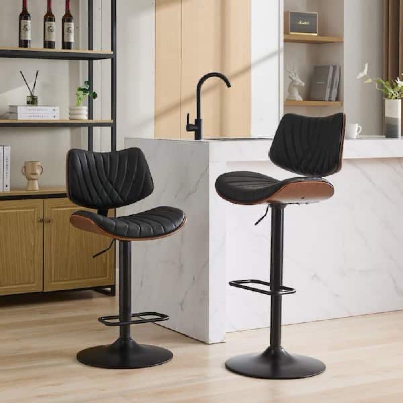 Walnut Bentwood Bar Stools Mid Century Modern Adjustable Counter Height Black Leather Upholstered 360°Swivel Bar Chairs For Kitchen Island/Dining Room/Cafe,Beige,Set Of 2