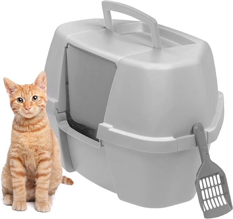 IRIS USA Corner Cat Litter Box Enclosed with Scoop - Privacy and Easy Access for Cleaning, Odor Defensive Hooded Litter Tray, Sturdy Stain Resisting Plastic, Fits in Most Corners, Gray