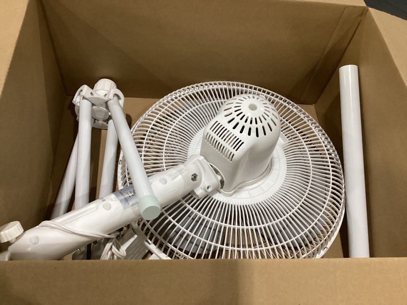 Condition photo showing As Is for EZ-Chill 16” Oscillating Pedestal Fan, 3-speed Options, 90-Degree Oscillating Head, Adjustable Height and Tilt, Powerful Air Flow, White, MTSP15-16AZ