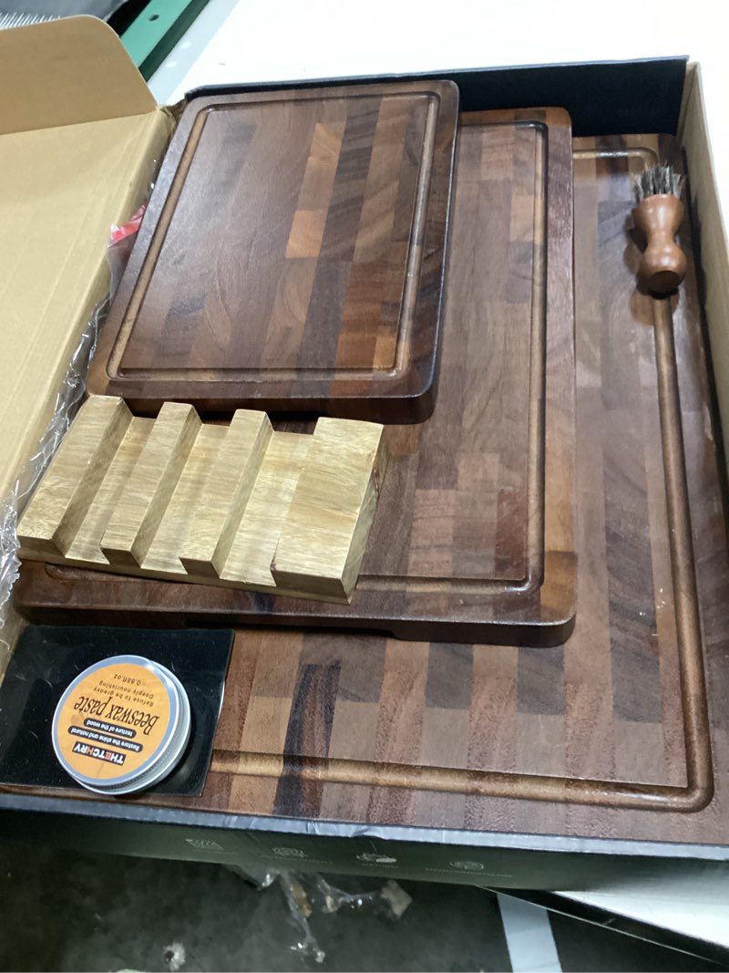 Condition photo showing Good Condition for walnut wood cutting board set, end grain cutting boards for kitchen with handle, non toxic wooden charcuterie boards double sided, butcher block for meal prep & serving with gift box x-large
