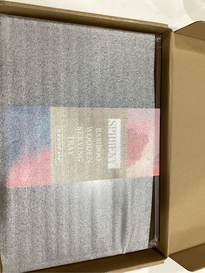 Condition photo showing Good Condition for 17.3‘’x11.8''x1.57''Large Bamboo Wooden Tray with Handles, Rectangular Natural Solid Wood, Walnut Brown Color Serving Tray.Suitable for Kitchen,Bedroom,Breakfast,Coffee,Decorative,Party Bars. Walnut Dark Brown 17.3" x 11.8" x 1.6"