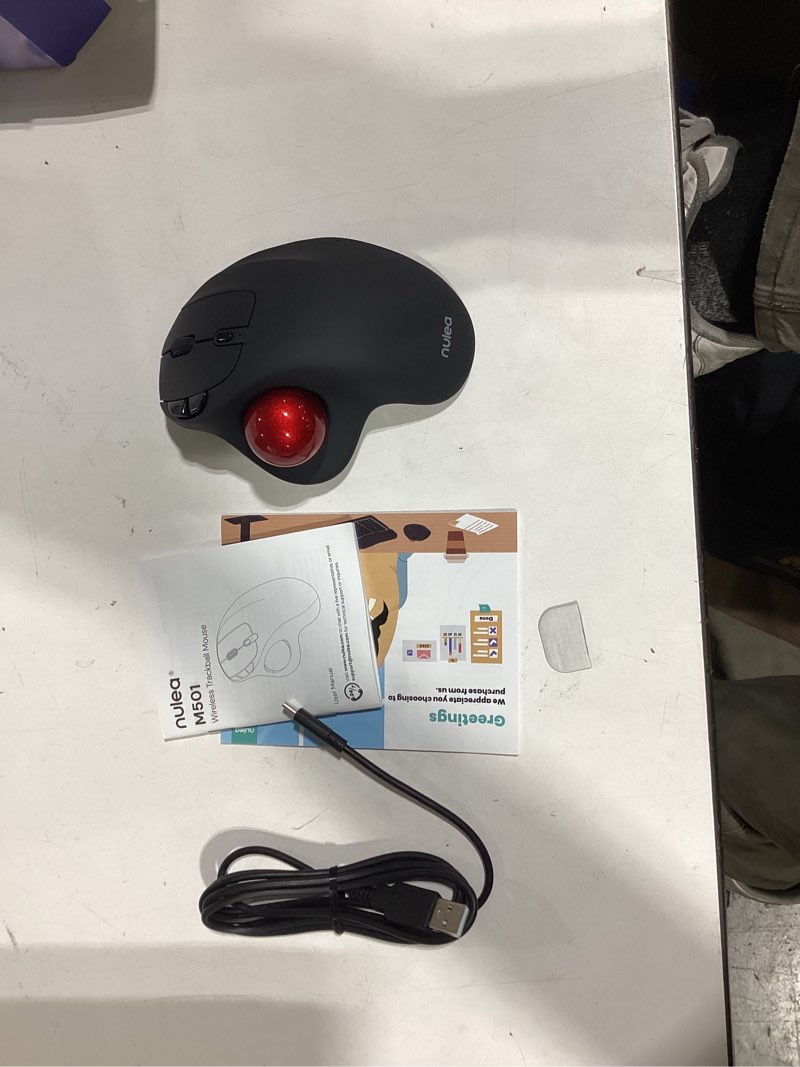 Condition photo showing Good Condition for nulea m501 wireless trackball mouse, rechargeable ergonomic, easy thumb control, precise & smooth tracking, 3 device connection (bluetooth or usb receiver), compatible for pc, laptop, mac, windows. a-red