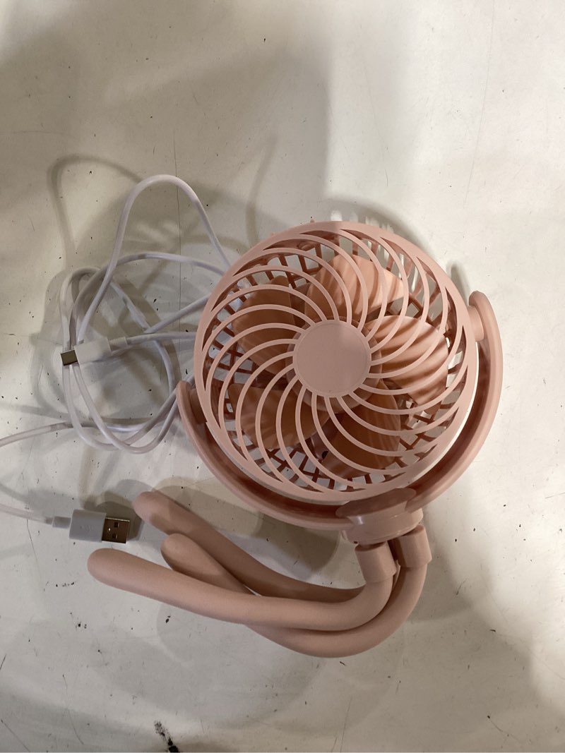 Condition photo showing As Is for mainstays new 4-inch 3-speed portable rechargeable fan with flexible tripod and digital display  pink