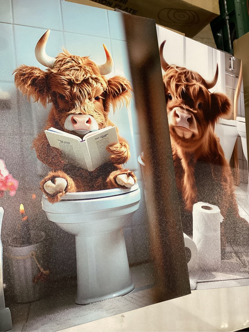 Condition photo showing New/Like New for ZYGARTEQ 2Pcs Funny Highland Cow Bathroom Canvas Wall Art Cute Cow in Toilet Wall Decor Pictures Humor Animals Bathroom Artwork Prints 12x16in cow art 12x16in