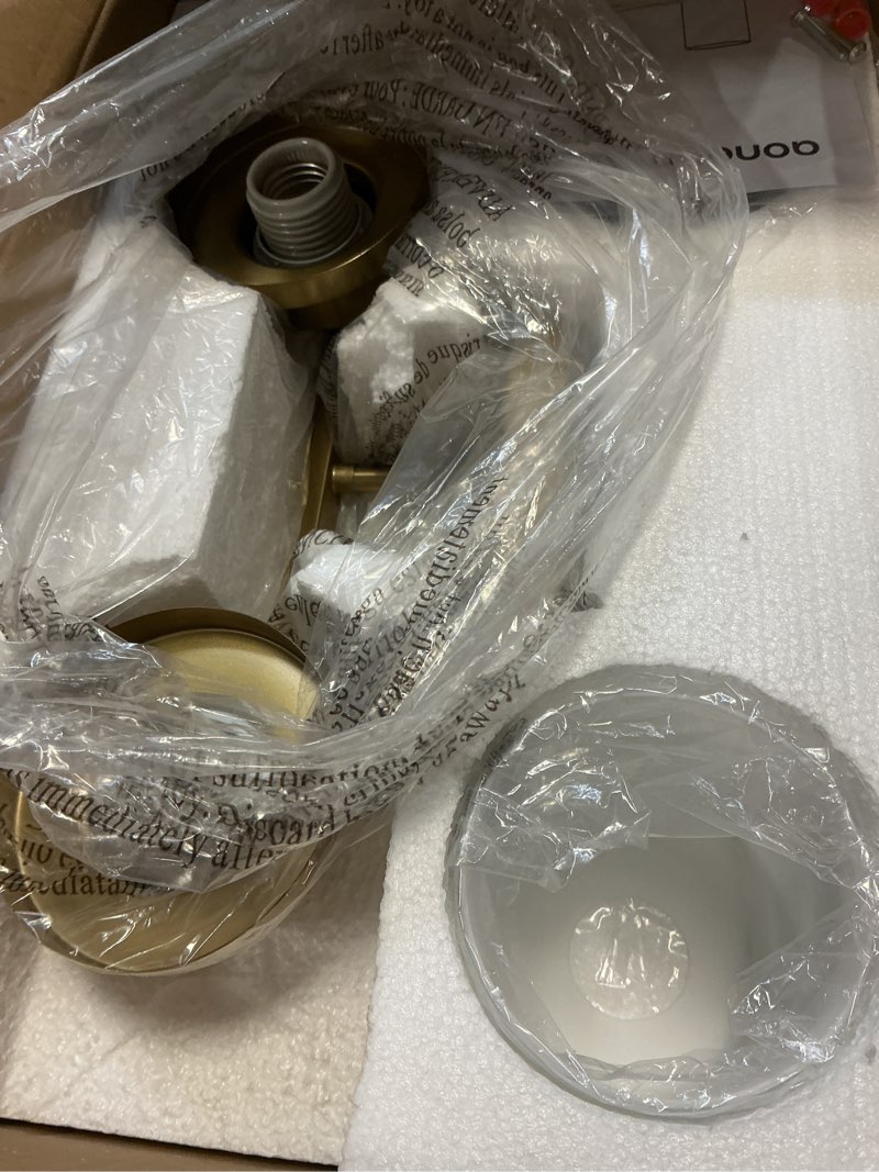 Condition photo showing Good Condition for Vanity Lighting Fixtures with White Frosted Glass Shade, Double Wall Lamps for Bathroom Mirror Bedroom Living Room Washroom Porch, Gold T001GD-L2 Brushed Gold 2-Light