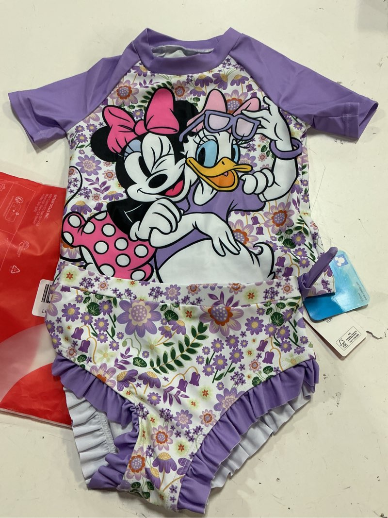 Condition photo showing New/Like New for disney princess frozen marvel elsa minnie toddler girl swimsuit tankini bathing suit 2 piece swimwear upf 50+ rashguard 4-5t disney minnie-purple