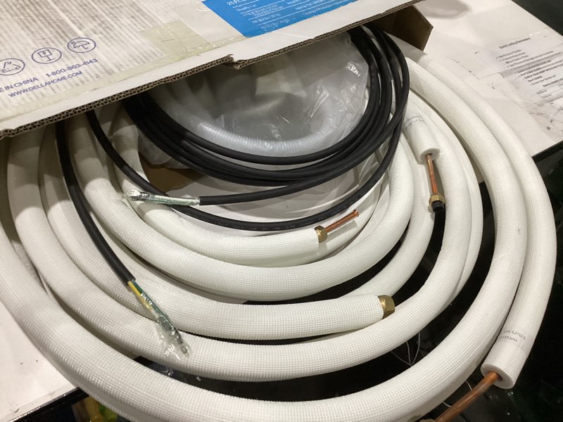Condition photo showing As Is for della 25 ft mini split line set, includes 3/8" & 1/4" o.d. copper pipes with flared nuts and a 3/8" thick white pe insulated coil, perfect for mini split ac and other hvac systems 25ft 1/4" and 3/8"