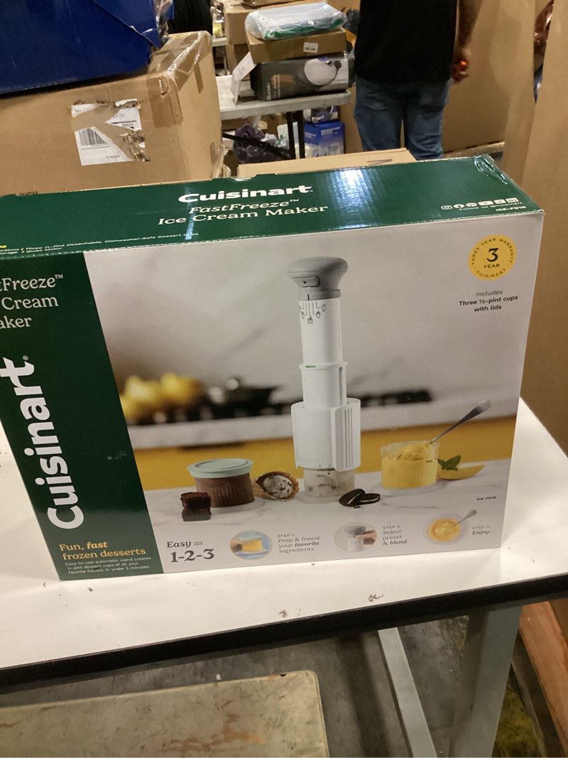 Condition photo showing New/Like New for cuisinart ice cream maker, 5-in-1, 3 half-pint mixing cups | compact ice cream maker machine for milkshakes, slushies & sorbets with 5 preset programs & dishwasher-safe cups, ice-fd10 fastfreeze, pastel 0.5 pint