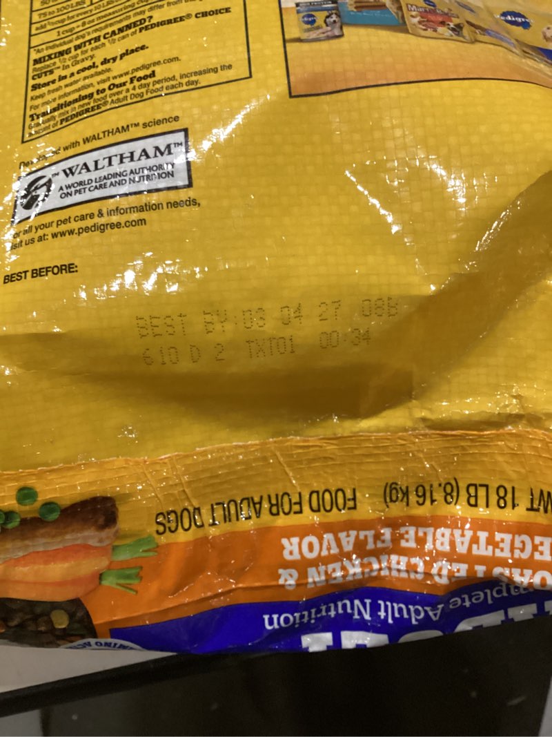 Condition photo showing Good Condition for pedigree complete nutrition adult dry dog food, roasted chicken & vegetable flavor,18 lb. bag, best by 3/4/27