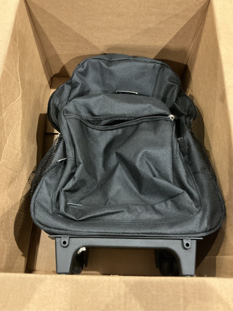 Condition photo showing As Is for rockland double handle rolling backpack, black, 17-inch one size black
