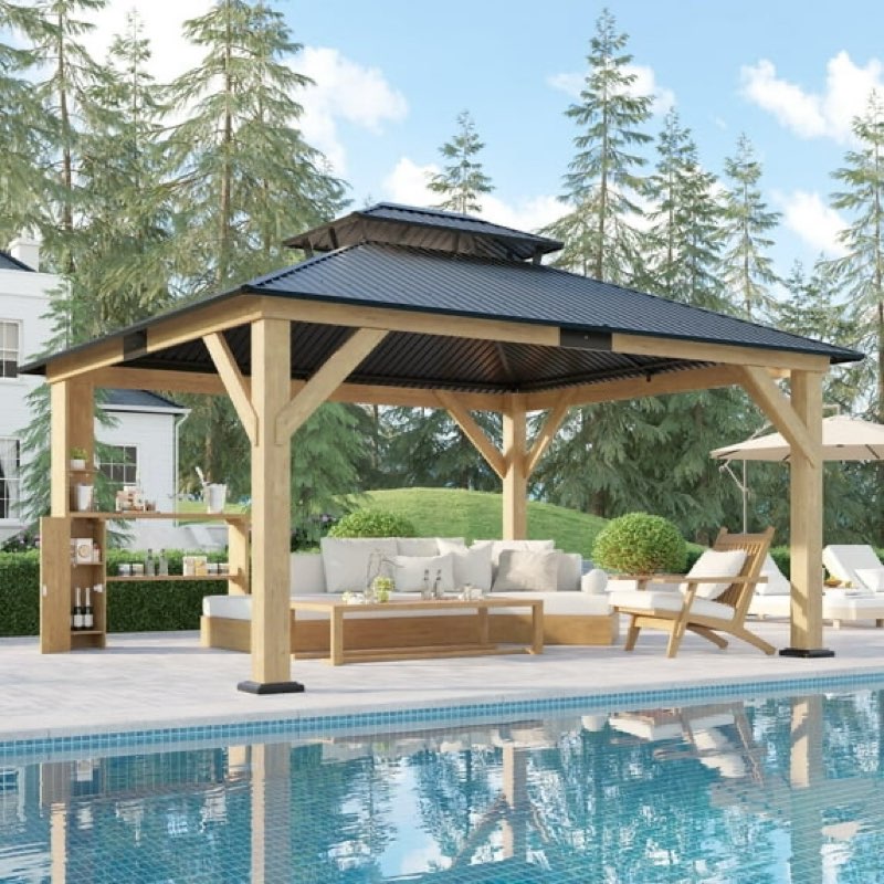 (Incomplete box 1 only) Sophiyah 13X15 Wood Gazebo, Hardtop Gazebo With Iron Roof Double Roof, Grill Gazebo With Wood Frame For Patio, Garage, Lawns, Parties, Black + Natural Wood 1
