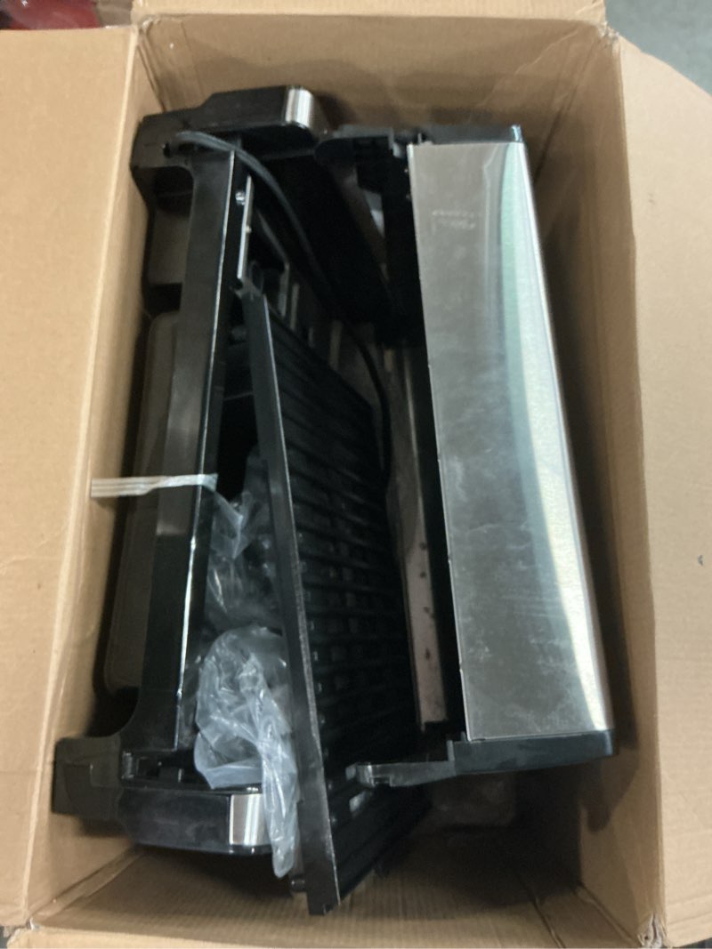 Condition photo showing As Is for hamilton beach electric indoor searing grill with viewing window & adjustable temperature control to 450f, 118 sq. in. surface serves 6, pfas-free removable nonstick grate, stainless steel stainless steel viewing window