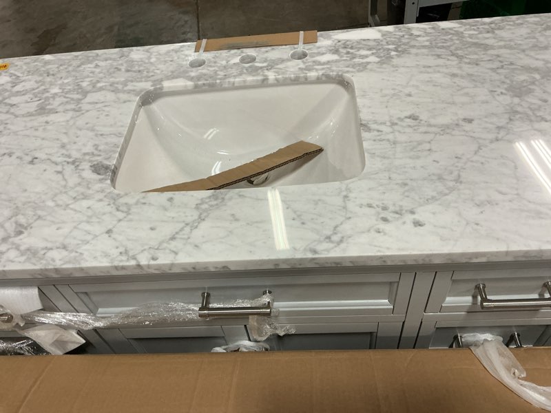 Condition photo showing As Is for allen + roth roveland 48-in light gray semi-recessed single sink bathroom vanity with natural carrara marble top