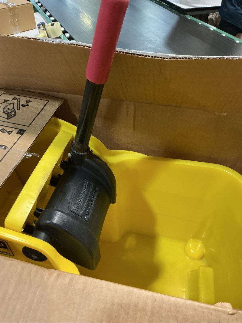 Condition photo showing As Is for rubbermaid commercial products 31 qt tandem mop bucket and wringer combo on wheels, yellow, for floor cleaning/wet mopping new model