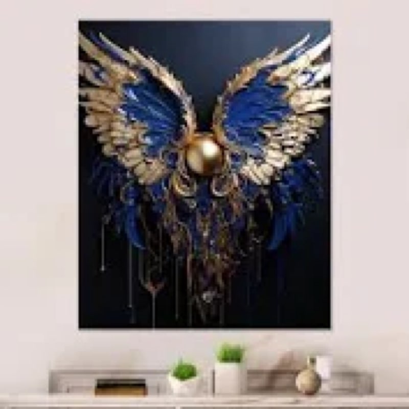 Royal Blue And Gold Angel Wings I - Fantasy Metal Wall Art 12 x 20