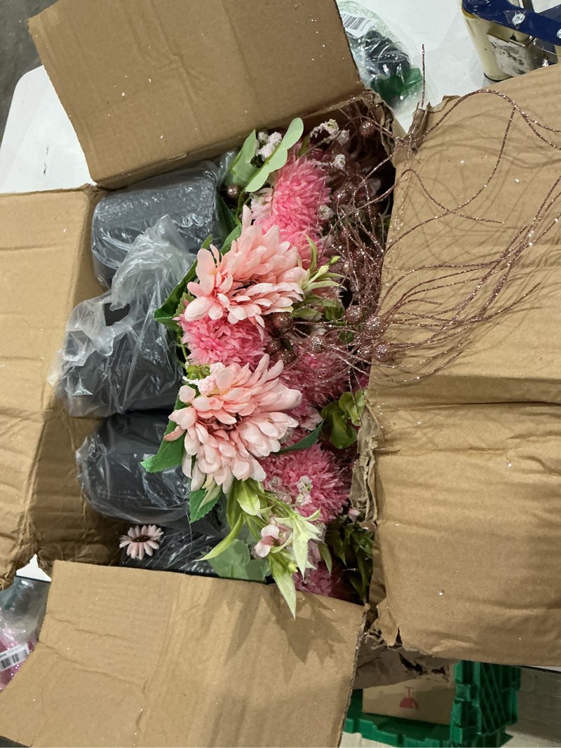 Condition photo showing Good Condition for artificial flowers table centerpieces - set of 6 pre-made daisy floral arrangements with rustic metal black vase for birthday, baby shower, party, home decorations - hot pink & rose gold hot pink & rose gold set of 6 flowers table centerpieces