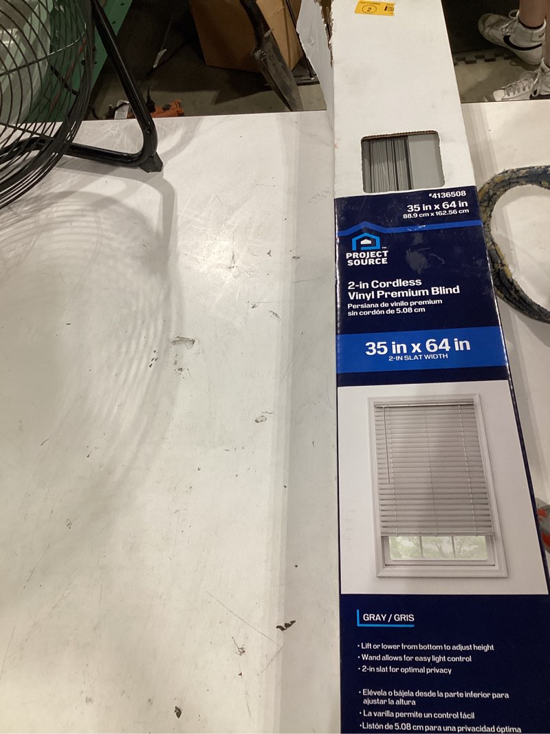 Condition photo showing Good Condition for project source premium 2-in 2-in slat width 35-in x 64-in cordless gray vinyl room darkening horizontal blinds