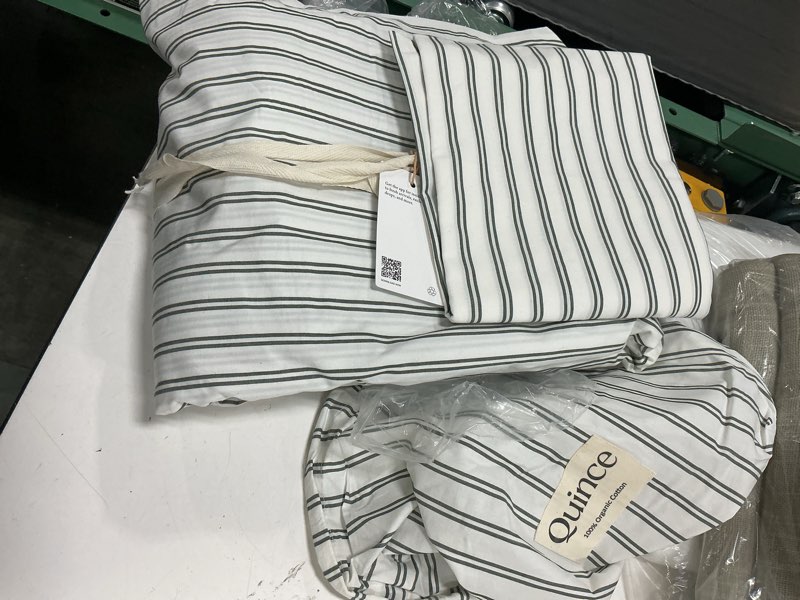 Condition photo showing As Is for quince european linen fitted sheet set queen, pencil stripe 