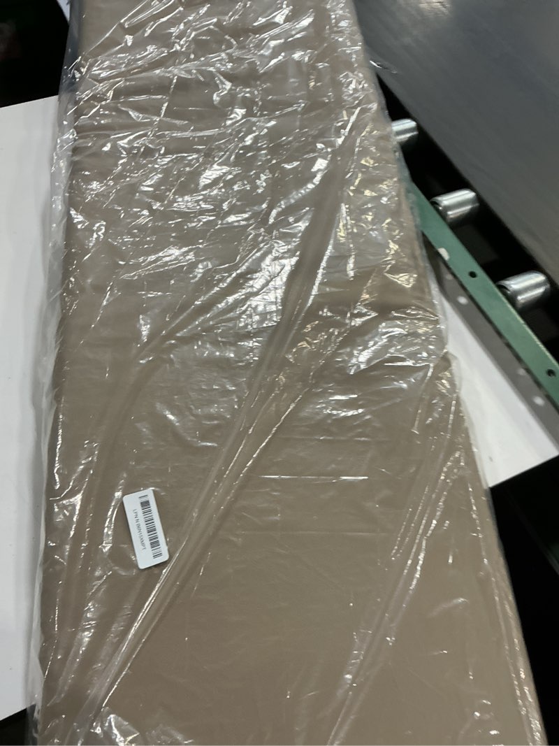 Condition photo showing As Is for shinnwa waterproof bench cushion with ties for indoor furniture, dual-layer memory foam bench seat cushion with faux leather cover and non-slip bottom, 48 x 16 x 2”, light camel 48" x 16" x 2" light camel