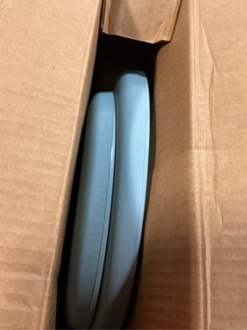 Condition photo showing Good Condition for mayfair padded toilet seat, cushioned soft vinyl over wood core seat, secure hinges, easy clean, made in usa, round, sky blue round sky blue toilet seat