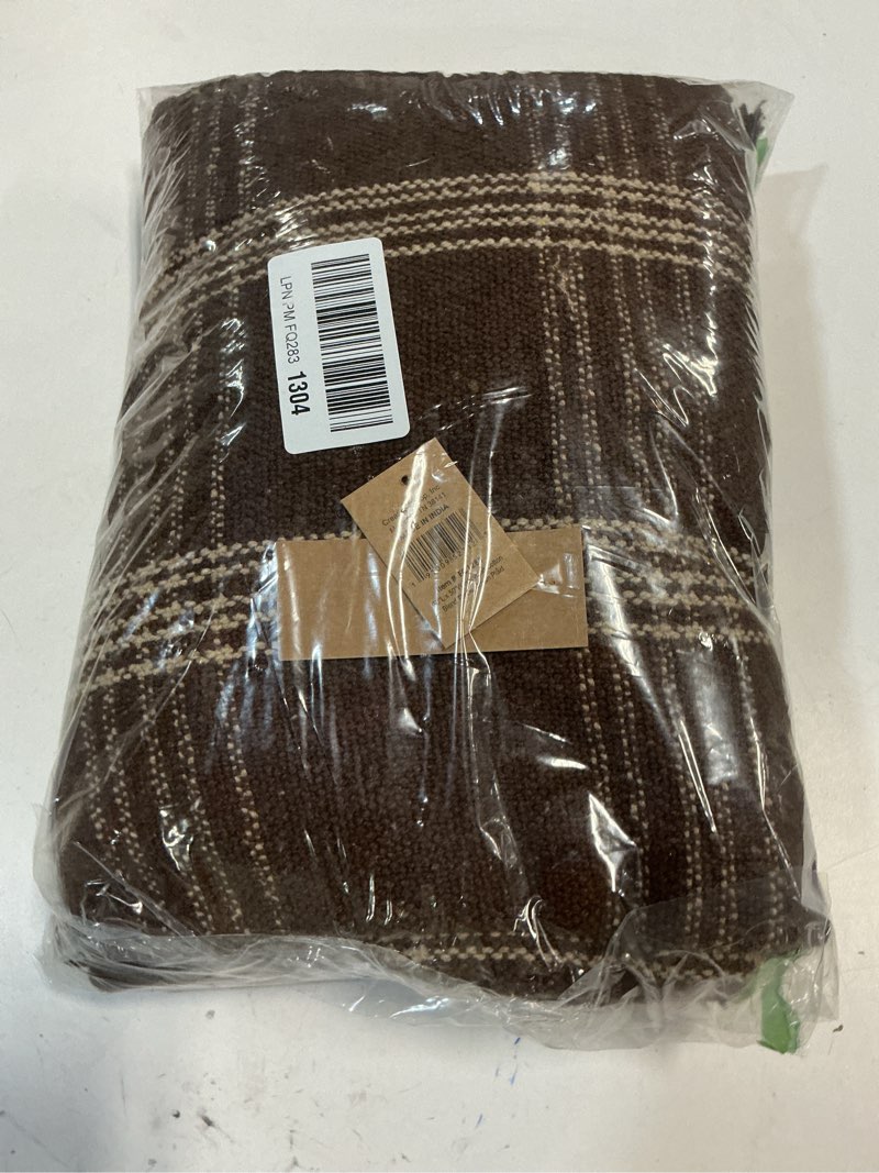 Condition photo showing New/Like New for Creative Co-Op Recycled Cotton Blend Throw Blanket with Fringe, Brown Plaid Brown One Size