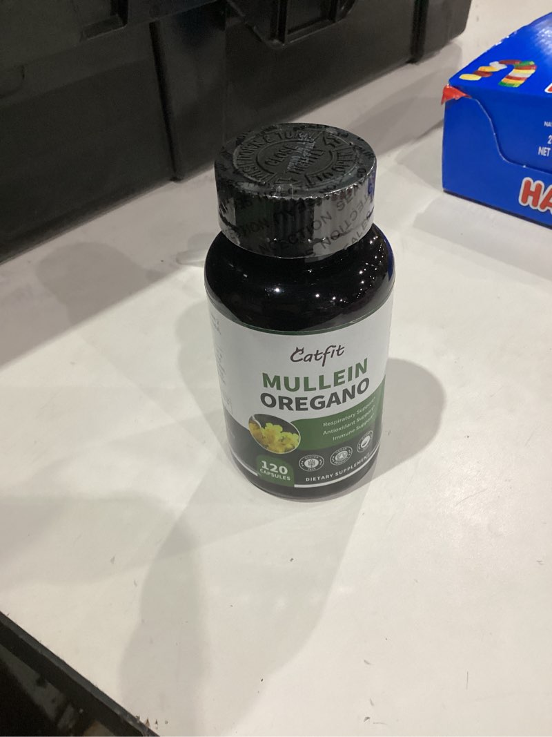 Condition photo showing New/Like New for Mullein Oregano Oil Capsules for Lungs Detox-7 in 1Pure Herbal Mullein Leaf Extract, Elderberry, Turmeric,Mentha for Respiratory & Immune Support, Lung Cleanse for Smokers,Vegan,Non-GMO (120 Caps) 120 Count (Pack of 1)