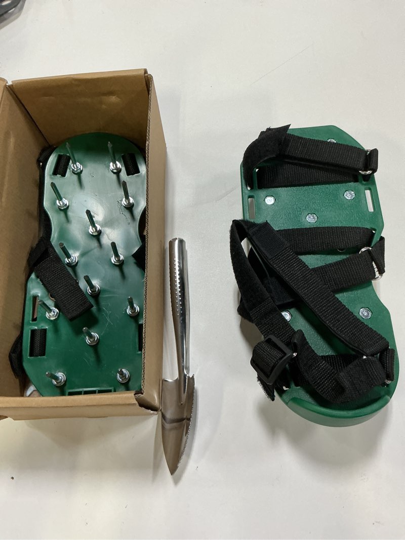 Condition photo showing Good Condition for Lawn Aerator Shoes with Dual Straps on Instep for Effectively Aerating Lawn Soil, Aerator Lawn Tool One Size Fits All Pre-Assembled Heavy Duty Spiked Sandals for Yard Patio Garden Grass Green Green-Shovel