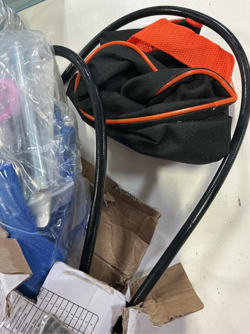 Condition photo showing As Is for pneumatic grease gun kit 6000 psi heavy duty 14 oz pistol grip grease guns with 19" & 28" spring flex hose,quick release coupler,90 degree adapter,2 needle tips,2 nozzles,2 extension tubes blue+black