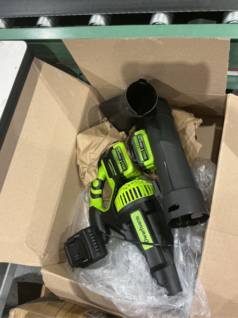 Condition photo showing As Is for cordless leaf blower with 715 cfm, 35,000 rpm brushless motor | lightweight electric blower with lcd & 3-speed modes, battery powered with 2×4.0ah batteries & charger for lawn care, yard